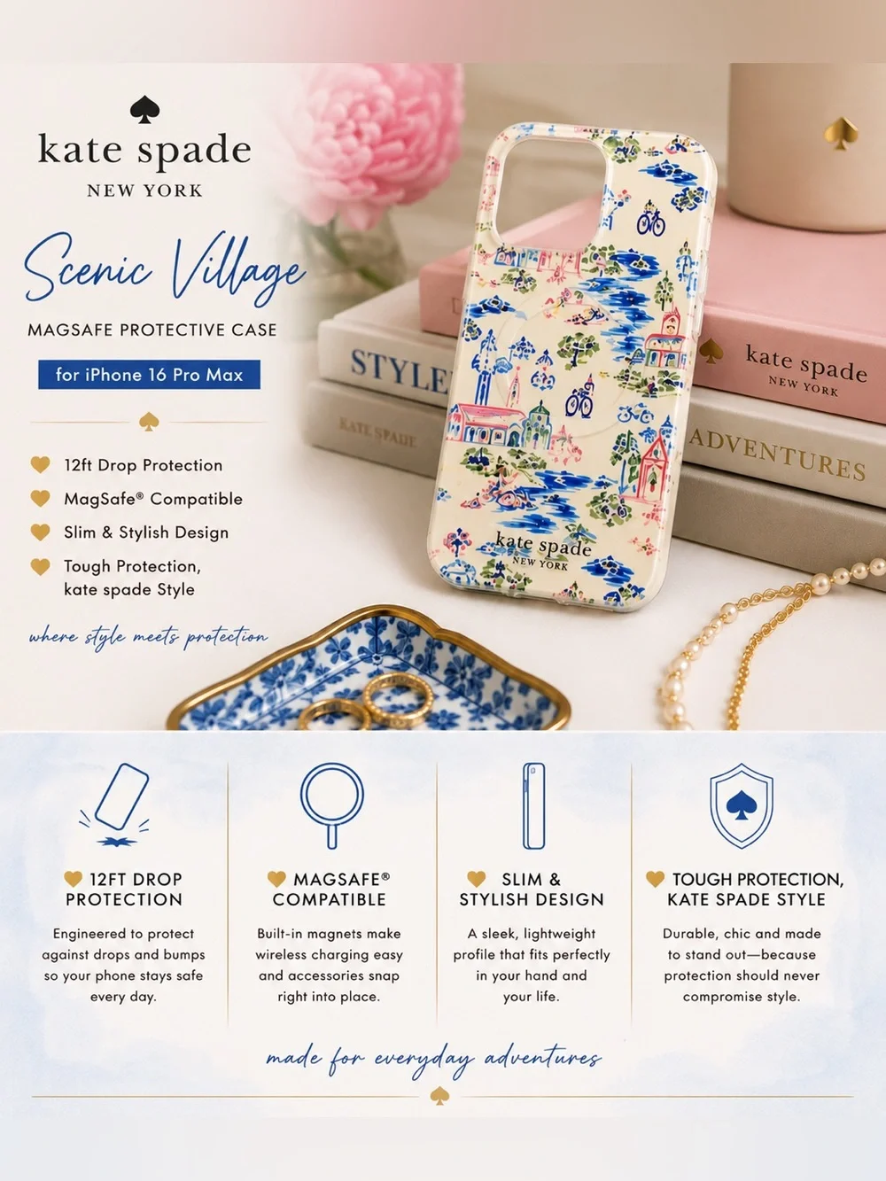 NWT Kate Spade iPhone 16 Pro Max MagSafe Case Coastal Village Print